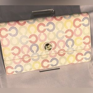 Coach Pastel Color Monogram Canvas & Leather Long Foldable Snap Closure Wallet